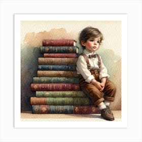 Little Boy Reading Books 1 Art Print