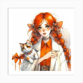 Orange Girl and Kitty Art Print