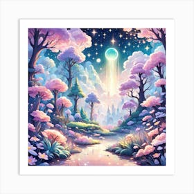 A Fantasy Forest With Twinkling Stars In Pastel Tone Square Composition 374 Art Print