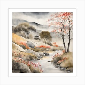 Japanese Landscape Painting Sumi E Drawing (14) Art Print