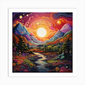 Sunset Over The Valley, Abstract, Colorful, Psychedelic Style Art Art Print