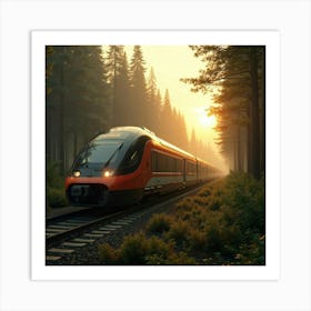 Luxury High Tech Train Navigating A Futuristic Forest At Golden Hour 1 Art Print