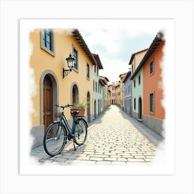 Bicycle On A Cobblestone Street With Old Buildings Watercolor 1 Art Print