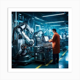 Cyber Industrial Interface Showcasing A Factory Manager Overseeing A High Tech Manufacturing Floor (3) Art Print