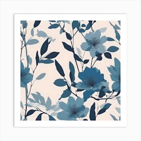 Blue Branches, Leaves and Flowers on White Background Art Print