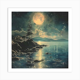 Full Moon Over The Lake 2 Art Print