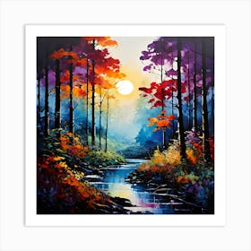 A Mesmerizing Semi Abstract Painting Captures A Serene Forest Landscape Bursting With Rich Foliage Art Print