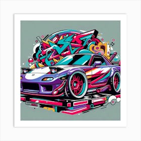 Purple Mazda Rx7 Vehicle Colorful Comic Graffiti Style Art Print