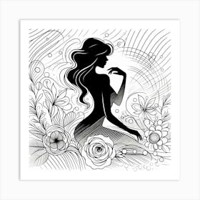 A Beauty Silhouette with Flowers - Line Drawing Art Print