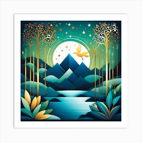 Abstract Landscape With Trees And Moon, vector art Art Print