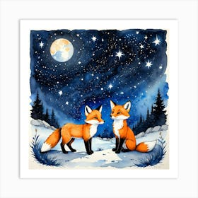 Two Foxes At Night Art Print