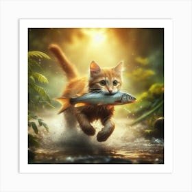 Cat With Fish Art Print