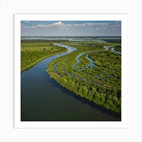 A Peaceful River Delta With Winding Waterways, Lush Green Vegetation, And Abundant Birdlife Art Print