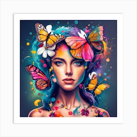 Beautiful Girl With Butterflies On Her Head Art Print