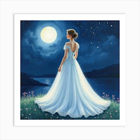 Graceful Gown Watercolor, In A Dreamy Moonlit Night Scene 1 Art Print