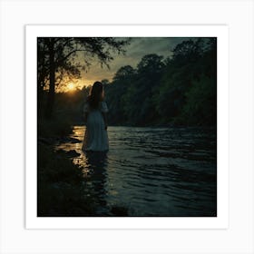 Girl Standing In Water At Sunset Art Print