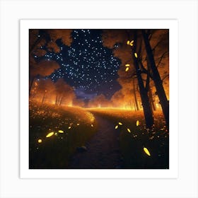 Fire flies at night with golden nature  Art Print