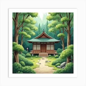 Japanese Tea House In A Tranquil Forest, Watercolor Hues Of Green And Brown 1 Art Print