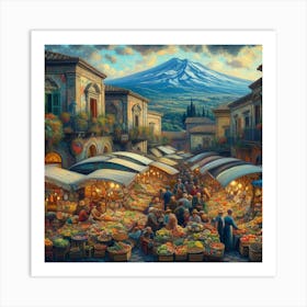 Sicily Market With Mount Etna Art Print