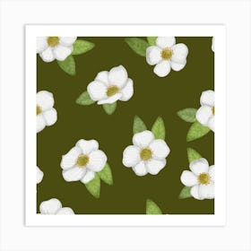 White flower and green leaves on brown Art Print