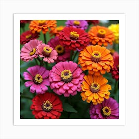 A Vibrant Collection Of Blooming Zinnias In Bright, Cheerful Colors 3 Art Print