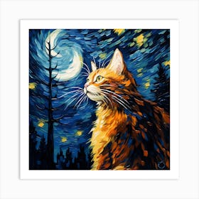 Starry Night, Van Gogh Inspired Cat Art Print Art Print