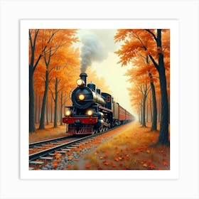 Elegant Train Moving Through A Serene Watercolor Autumn Forest 1 Art Print