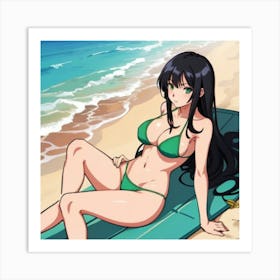 Anime Girl In Green Bikini Sitting On The Beach Art Print