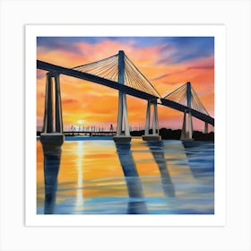 Sunset over the Arthur Ravenel Jr. Bridge in Charleston. Blue water and sunset reflections on the water. Oil colors.7 Art Print