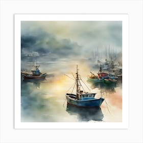 Watercolor Of Fishing Boats Art Print