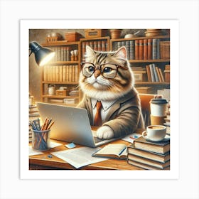 Office Cat Wall Print Art A Humorous Depiction Of A Cat As An Office Worker, Perfect For Blending A Love Of Cats And Work Life In Any Space Art Print