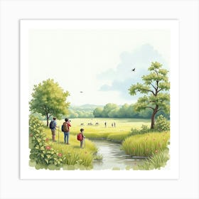 Watercolor View Of An English Nature Reserve With Birdwatchers And Hikers 1 Art Print