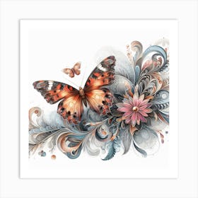 Vintage Ornate Butterfly on Flowers I Art Print