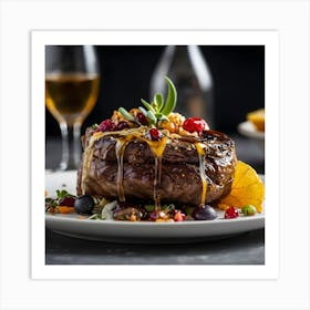 Steak With Berries And Wine Art Print