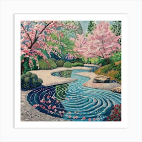 Japanese Zen Garden in Spring Series. Style of David Hockney Art Print