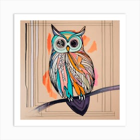 Owl On A Branch line Art Print