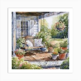 The Porch at the Country Farmhouse | Swing Pots of Flowers Watercolor Painting | Idyllic Countryside Home Sweet Home | HD Art Print