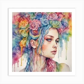 Watercolor Of A Girl With Flowers Art Print