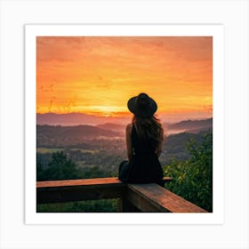 Woman In Black Hat Sitting Alone On A Wooden Balcony Overlooking A Hill Dotted Landscape Trees Al Art Print