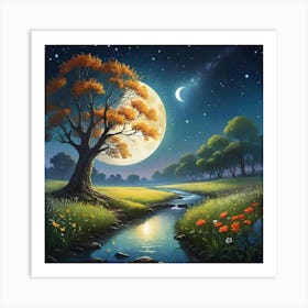 Moonlight Over A Stream 1 Art Print