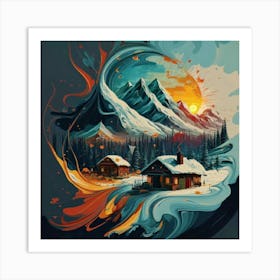 Abstract painting of a mountain village with snow falling 11 Art Print