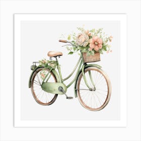 Green Bicycle With Flowers Art Print