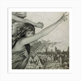 Woman With Outstretched Gesture And Other Spirits Over Townscape (1917) By Wladyslaw Theodore Benda Art Print