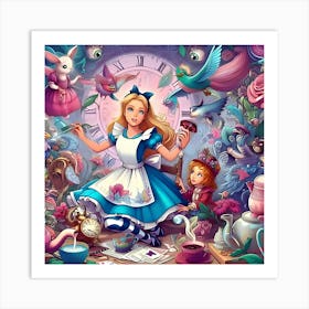 An Imaginative Digital Illustration Featuring Alice In Wonderland Interacting With Elements Of The Fantastical World With An Emphasis On Whimsical Designs For Costumes, Props, And Backgrounds Art Print