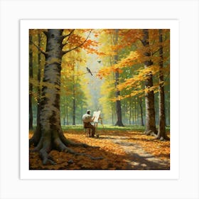 A Painter Lost In Their Craft Standing Before A Canvas In A Secluded Forest Art Print