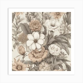 Beige Floral Wallpaper Art Print