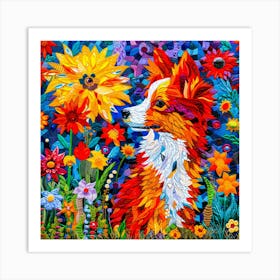 Pup And Petals - Corgi In Garden Art Print