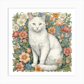 White Cat In Flowers william morris inspired art Art Print