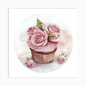 Pink Roses Watercolor Sophisticated Cupcake Art Print