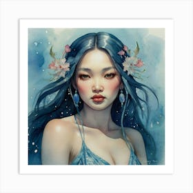 Blue Asian Girl The Magic of Watercolor: A Deep Dive into Undine, the Stunningly Beautiful Asian Goddess Art Print